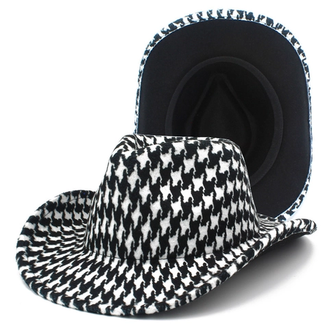 Βίντατζ Καπέλο Φεντόρα Houndstooth Γουέστερν Κάουμποϋ Καπέλο Τζαζ Φαρδύ Γείσο Μείγμα Βαμβακιού Πολυεστέρα Για Άνδρες Γυναίκες Αξεσουάρ Μόδας
