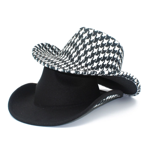 Βίντατζ Καπέλο Φεντόρα Houndstooth Γουέστερν Κάουμποϋ Καπέλο Τζαζ Φαρδύ Γείσο Μείγμα Βαμβακιού Πολυεστέρα Για Άνδρες Γυναίκες Αξεσουάρ Μόδας