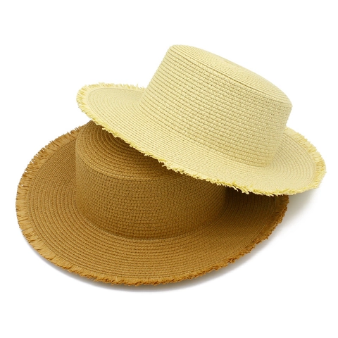 Cappello Boater in Paglia Vintage da Donna Tesa Larga Bordo Sfilacciato Estate Mare Protezione Solare Traspirante Vacanza Cappello in Paglia