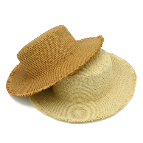 Cappello Boater in Paglia Vintage da Donna Tesa Larga Bordo Sfilacciato Estate Mare Protezione Solare Traspirante Vacanza Cappello in Paglia