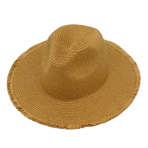 Chapeau Fedora en Paille de Raphia pour Femme Été Plage Protection Solaire Bord Effiloché Large Bord Panama