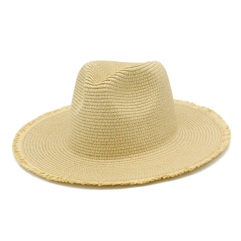 Chapeau Fedora en Paille de Raphia pour Femme Été Plage Protection Solaire Bord Effiloché Large Bord Panama