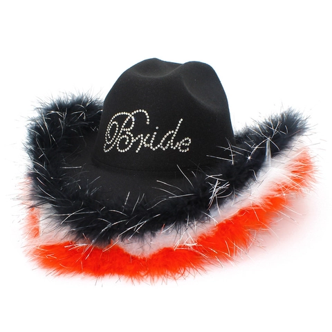 Sombrero de Vaquero del Oeste Con Letras Bride de Strass y Borde de Plumas Mezcla de Lana Sombrero para Boda Bachelorette Party Mujer