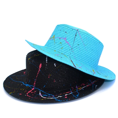 Fashion Graffiti Straw Hat Summer Hand Painted Panama Hat For Women Outdoor Beach Sun Protection Wide Brim Hat