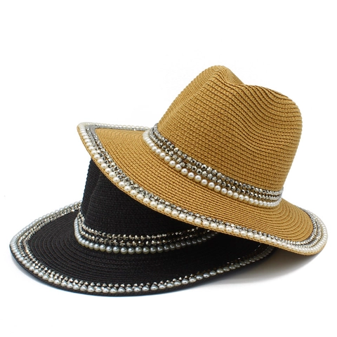 Women's Wide Brim Straw Fedora Hat With Imitation Artificial Pearls And Metal Studs Panama Sun Hat For Beach Vacation Summer Travel