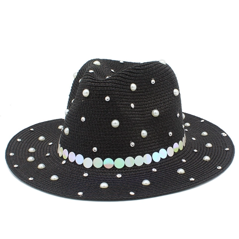 Women British Style Straw Fedora Hat With Artificial Pearl Rhinestone Iridescent Sequin Decoration Wide Brim Sun Protection Beach Vacation Hat