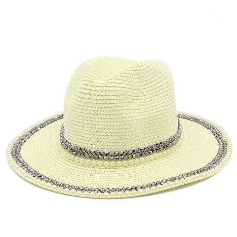 Women's Wide Brim Straw Fedora Hat With Imitation Artificial Pearls And Metal Studs Panama Sun Hat For Beach Vacation Summer Travel