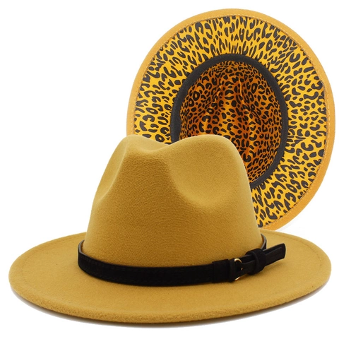 Vintage Καπέλο Fedora Unisex Με Λεοπάρ Φόδρα Μεγάλο Γείσο Μάλλινη Τσόχα Jazz Cap Διακοσμητική Πόρπη Ζώνης Αξεσουάρ Μόδας