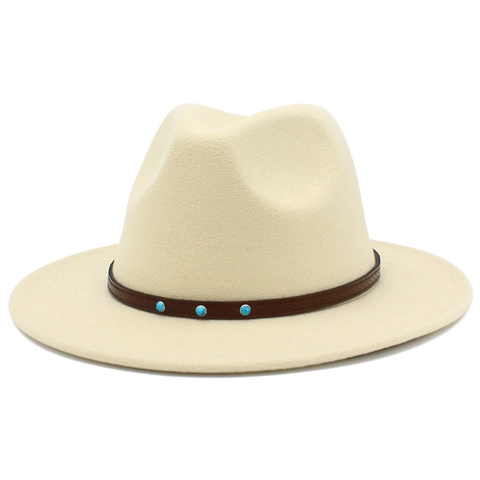 Vintage Woolen Fedora Hat With Leather Belt Turquoise Studs Wide Brim British Style Jazz Cap For Women Winter Autumn