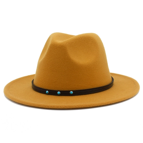 Unisex Vintage Woolen Felt Fedora Hat With Wide Brim Turquoise Bead Leather Band British Style Jazz Cap For Autumn Winter