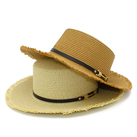 Cappello di Paglia Boater da Donna Classico Con Bordo Sfilacciato Protezione Solare Tesa Larga Vacanza Traspirante Spiaggia
