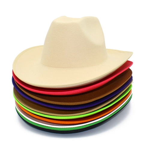 Western Cowboy Fedora Hat For Women Men Vintage Cotton Blend Woolen Felt Wide Brim Jazz Hat With Bound Edge Solid Color Party Outdoor Sun Hat