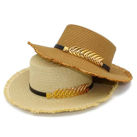 Women Men Summer Straw Boater Hat Frayed Edge Sun Hat With Metal Leaf Accessory Elegant Flat Top Beach Vacation Hat