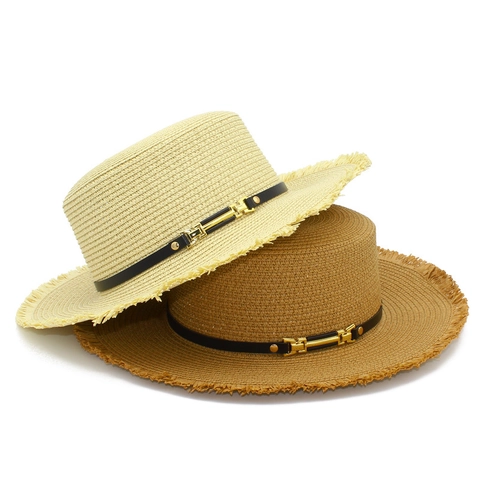 Cappello di Paglia Boater da Donna Classico Con Bordo Sfilacciato Protezione Solare Tesa Larga Vacanza Traspirante Spiaggia