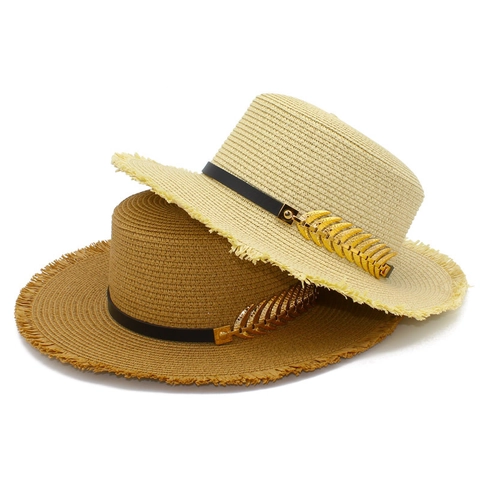 Women Men Summer Straw Boater Hat Frayed Edge Sun Hat With Metal Leaf Accessory Elegant Flat Top Beach Vacation Hat