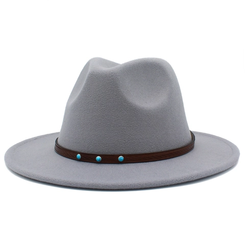 Klassischer Fedora-Hut mit breiter Krempe für Damen Herren Leichter Polyester-Jazz-Hut mit Lederband Türkis-Nieten Vintage-Stil
