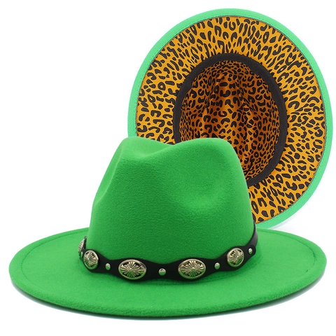 Cappello Fedora Vintage Stile Britannico Uomo Donna Fodera Leopardata Cinturino in Metallo Falda Larga Jazz Chiesa Cappello