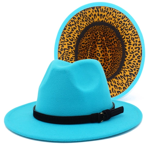 Vintage Καπέλο Fedora Unisex Με Λεοπάρ Φόδρα Μεγάλο Γείσο Μάλλινη Τσόχα Jazz Cap Διακοσμητική Πόρπη Ζώνης Αξεσουάρ Μόδας