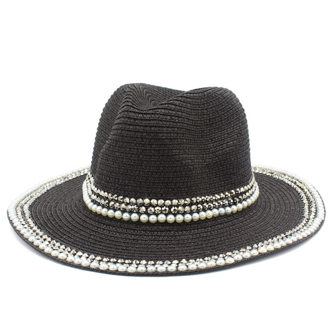 Women Wide Brim Straw Fedora Hat Artificial Pearl Rivet Summer Beach Sun Protection Breathable Vacation Elegant Travel Sun Hat