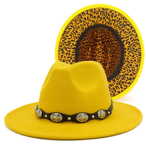 Cappello Fedora Vintage Stile Britannico Uomo Donna Fodera Leopardata Cinturino in Metallo Falda Larga Jazz Chiesa Cappello