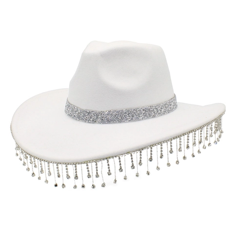 Sombrero de Vaquero Occidental con Flecos de Strass para Mujer Banda de Purpurina Fedora de Fieltro para Boda Bachelorette Party Accesorios