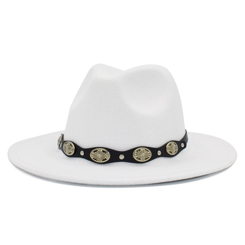 Retro Ethnic Style Fedora Hat For Men Women Woolen Felt Jazz Hat With Decorative Metal Leather Belt Wide Brim Cowboy Hat
