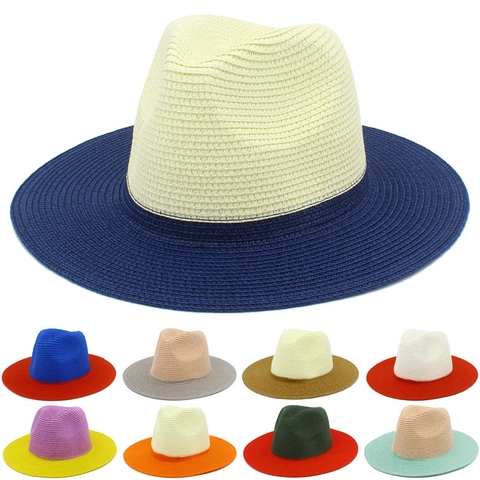Unisex Two-Tone Patchwork Straw Fedora Hat Wide Brim Summer Beach Sun Shade Hat Breathable Outdoor Casual Panama Cap