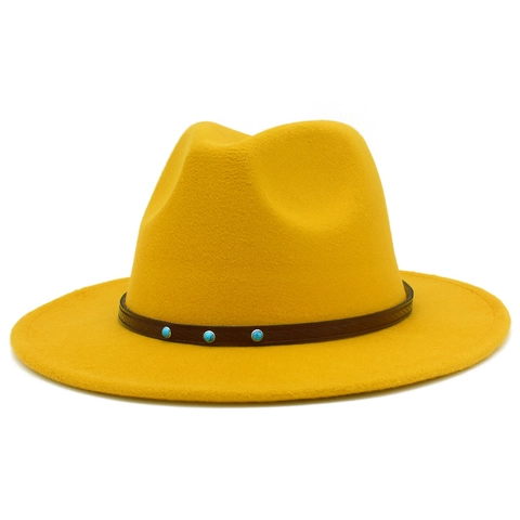 Vintage Woolen Fedora Hat With Leather Belt Turquoise Studs Wide Brim British Style Jazz Cap For Women Winter Autumn