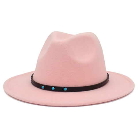 Unisex Vintage Woolen Felt Fedora Hat With Wide Brim Turquoise Bead Leather Band British Style Jazz Cap For Autumn Winter