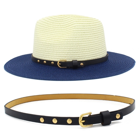 Fashion Two-tone Woven Straw Hat With Rivet Leather Belt Wide Brim Fedora Sun Hat For Women Men Summer Beach Travel Cap