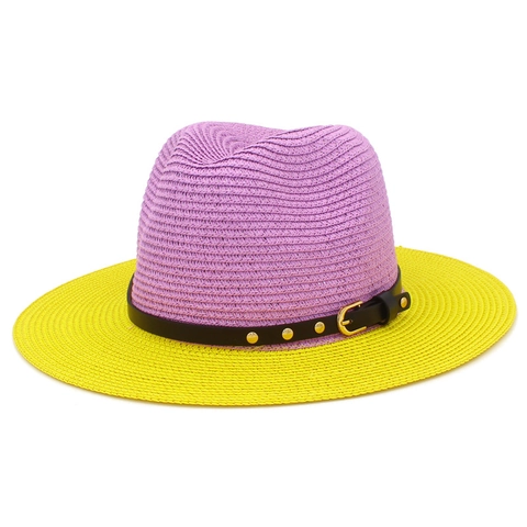 Fashion Two-tone Woven Straw Hat With Rivet Leather Belt Wide Brim Fedora Sun Hat For Women Men Summer Beach Travel Cap