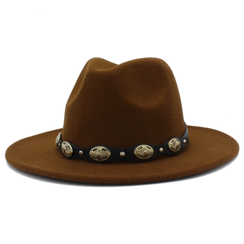 Vintage Wide Brim Fedora Hat Polyester Felt With Metal Concho Belt Ethnic Western Jazz Hat For Women Men Casual Dress Travel