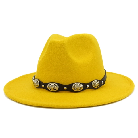 Vintage Wide Brim Fedora Hat Polyester Felt With Metal Concho Belt Ethnic Western Jazz Hat For Women Men Casual Dress Travel