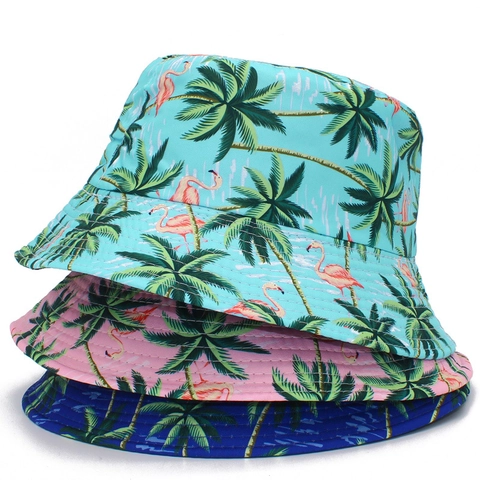 Dames Tropische Flamingo Palmboom Print Vissershoed Zomer Outdoor Zonbescherming Katoen Vakantie Strand Hoed