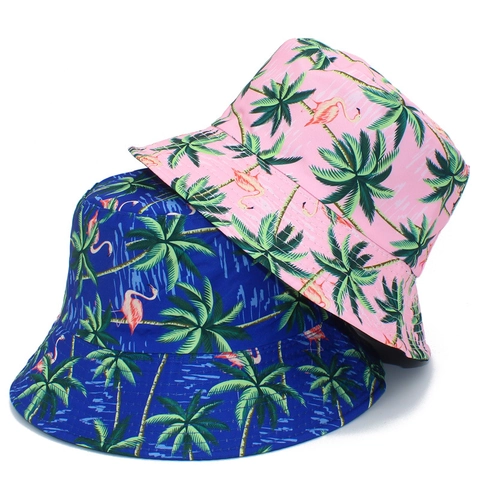 Dames Tropische Flamingo Palmboom Print Vissershoed Zomer Outdoor Zonbescherming Katoen Vakantie Strand Hoed