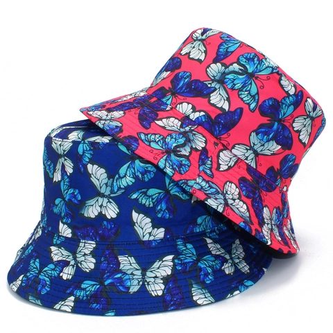 Chapeau Seau Imprimé Papillon Coloré pour Femmes Coton Double Face Protection Solaire Été Plage Pêcheur