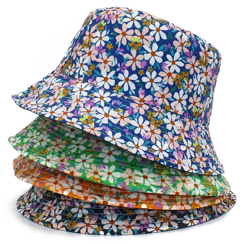 Bob Imprimé Floral Marguerite pour Femme Coton Réversible Protection Solaire Chapeau de Pêcheur Été Voyage Plage Soleil