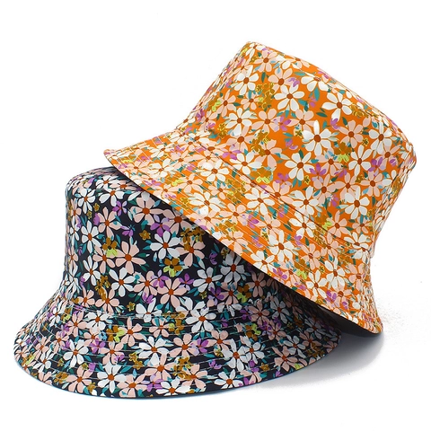 Bob Imprimé Floral Marguerite pour Femme Coton Réversible Protection Solaire Chapeau de Pêcheur Été Voyage Plage Soleil