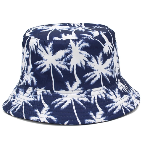 Chapeau Bob Réversible Imprimé Cocotiers Été Coton Protection Solaire Chapeau de Pêcheur pour Plage Voyage Femme Homme