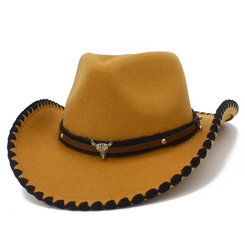 Sombrero Fedora Western Cowboy Con Decoración De Cabeza De Toro De Metal Banda De Cuero Borde De Pespunte Vintage Fieltro