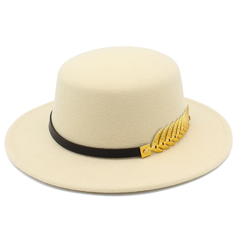 Cappello Fedora Vintage in Feltro a Cima Piatta per Donna Uomo Tesa Larga Con Foglia di Metallo Dorato Fascia in Pelle Cappello Jazz