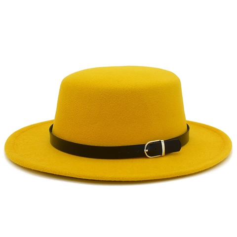 Vintage Unisex Flat Top Fedora Hat Woolen Felt Boater Hat With Wide Brim Leather Belt Buckle Solid Color Jazz Cap