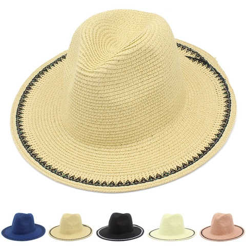 Elegant French Woven Straw Sun Hat For Women Summer Beach Sunshade Fedora Hat Wide Brim Breathable Panama Vacation Hat