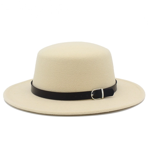 Vintage Unisex Flat Top Fedora Hat Woolen Felt Boater Hat With Wide Brim Leather Belt Buckle Solid Color Jazz Cap
