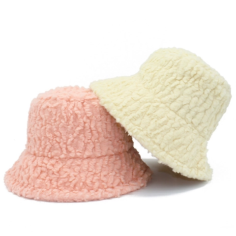 Sombrero de Pescador de Lana de Cordero Cálido de Invierno para Mujer Sombrero de Felpa Grueso Resistente al Viento Casual Color Sólido