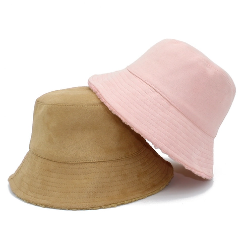 Faux Suede Reversible Bucket Hat For Women Winter Warm Sherpa Lined Fisherman Cap Solid Color Foldable Outdoor Sun Hat
