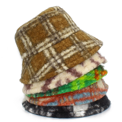 Women Winter Faux Lambswool Bucket Hat Warm Plaid Checkerboard Fleece Fisherman Hat Retro Windproof Outdoor Autumn Winter Cap