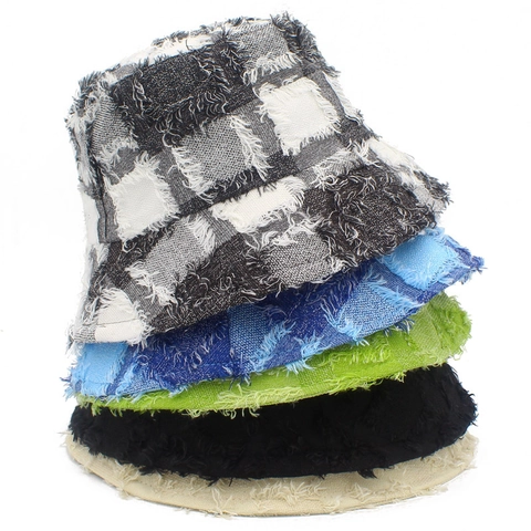 Vintage Geruit Katoen Vissershoed Met Rafelige Randen Distressed Zonbescherming Vissershoed Voor Dames Heren
