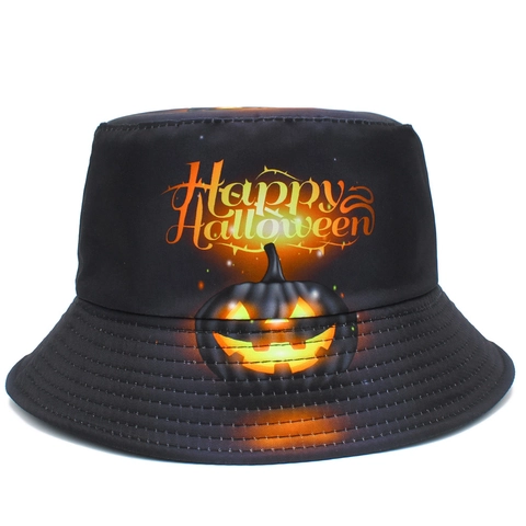 Halloween Black Cotton Bucket Hat With Glowing Jack-O'-Lantern Pumpkin And Happy Halloween Print Fashion Fisherman Hat
