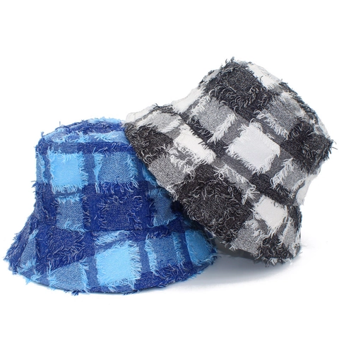 Vintage Geruit Katoen Vissershoed Met Rafelige Randen Distressed Zonbescherming Vissershoed Voor Dames Heren